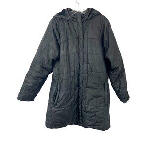 L.L. Bean Black Quilted Long Puffer Coat Jacket Faux Fur Lined Hoodie Size Large
